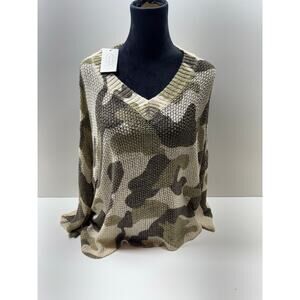 Mud Pie Camo Sweater Sage Sz S/M V Neck Flowy 3/4 Sleeve New Soft Oversized